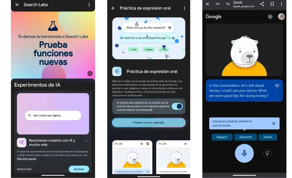 En Search Labs están la herramienta de IA para practicar inglés. (Google)